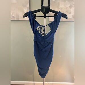 BLUE SPARKLE CUT OUT DRESS WITH STRAP TIE DETAIL